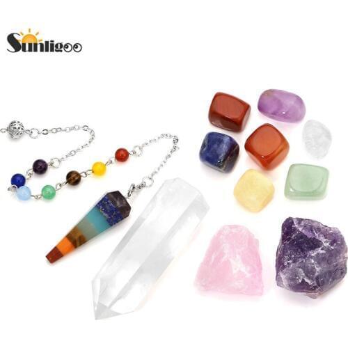 Sunligoo Chakra Crystal Healing Kit 7 Chakra Natural Tumbled Stones, Rough Amethyst Rose Quartz Clear Quartz, Chakra Pendulum