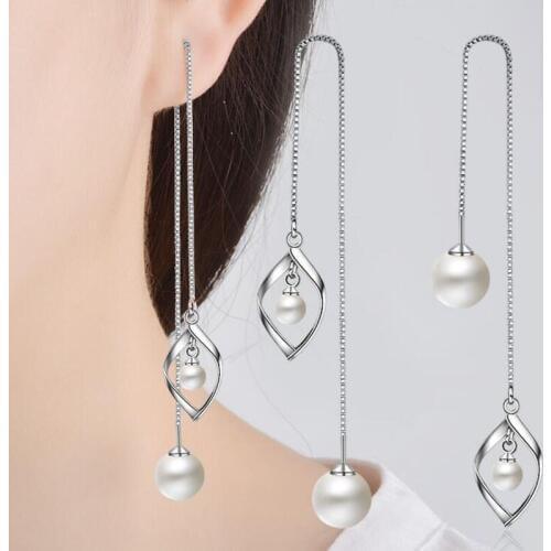 KOFSAC Fashion 925 Sterling Silver Chain Earrings For Women Drop-Shaped Pearl Ear Line Long Tassel Earring Jewelry Gift Brincos