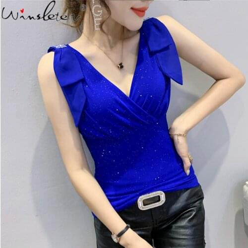 Summer European Style Vest Chic Sexy V-Neck Drape Shiny Bowknot Diamonds Women Tops Sleeveless Casual All Match New 2021 T15518A