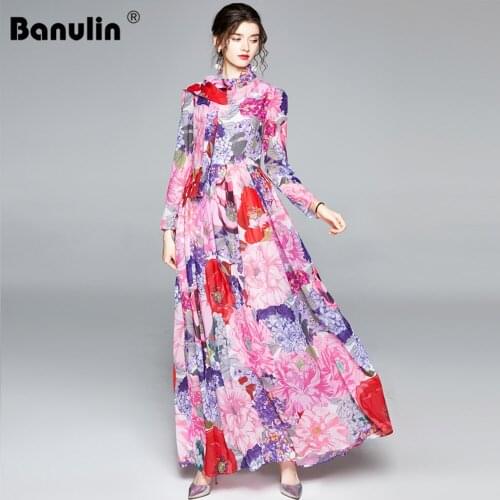 Banulin Women Pink Floral Holiday Dress Runway Fashion Designer Maxi Dress Long Sleeve Boho Colorful Flower Print Long Dress