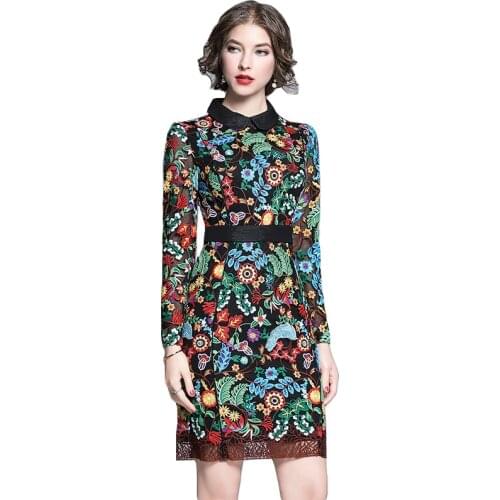 Spring Autumn Women Peter pan Collar Long Sleeve Dress High Quality Gorgeous Retro Flowers Embroidery Elegant Slim Evening Dress