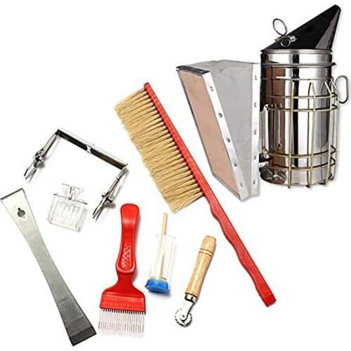 8 In 1 Stainless Steel Beekeeping Bee Hive Smoker Kit Heat Shield Protection Scraper Equipment Tools Set Apiculture Accessories