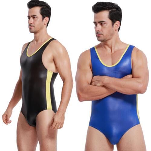 One Piece Faux Leather Swimwear Men Wrestling Singlet Outfit Sexy Underwear Bodysuit Shorts Man Body Shaper Jumpsuit