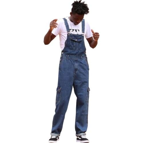 American Loose Jeans Men Overalls Bib Denim Jumpsuits Workwear Straight Wide Leg Pants Retro Blue Trousers Oversized Size 28-50