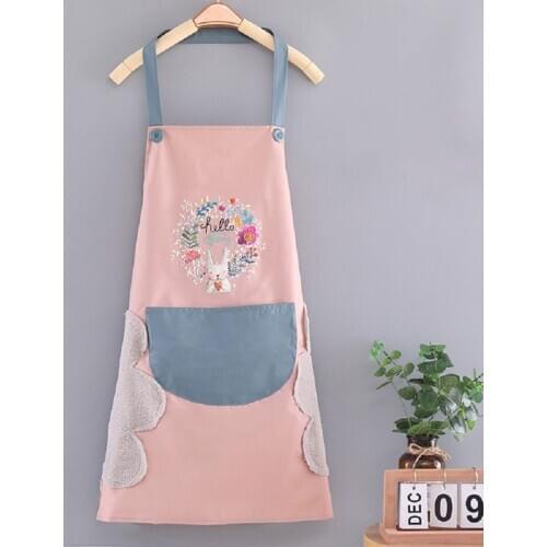 Cute Cartoon Rabbit Kitchen Apron Side Wipe Hands Waterproof Oxford Cloth Bib Pinafore Pocket For Work Home Cleaning Tool Black