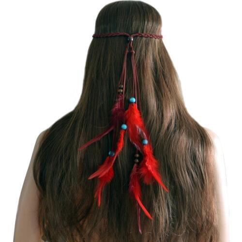 Hippie Carnival Headwear Boho Red Feather Headbands Headpiece Party Beaded Rope Waistband Women Hairband Festival Hair Jewelry
