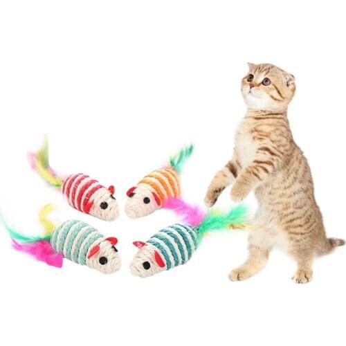 Pet Cat Toy Colorful Sisal Mouse With Feather Tail Cartoon Rat Pet Toy Anti-resistant Squeak Toy Mice For Cats Kitten Molar