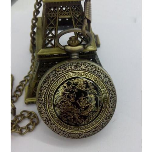 Retro Chinese Style Dragon Phoenix Pocket Watch With Necklace Chain Bronze Fob Watch Free Shipping 10pcs/lot