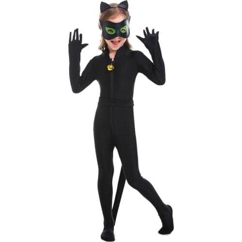 Anime Black Cat Cosplay Costume For Girls Boys Child Superhero Halloween Party Jumpsuit with Cute Cat Ear Kitty Bells Eyes Mask