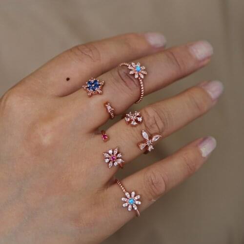 Korean style fashion flowers ring shiny purple stone finger jewelry delicate adjustable open ring for lovely girls cute gifts