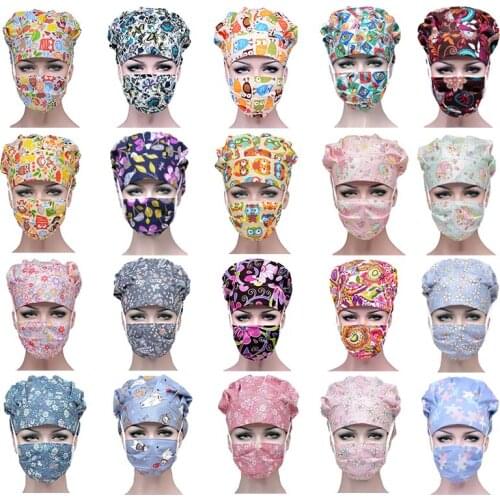 Women Scrub Caps Sets Pattern Printed Cotton Sweatband Bouffant Hats Washable Adjustable Working Caps Nursing Hats Accessories