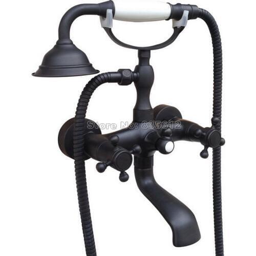 Wall Mounted Black Oil Rubbed Bronze Handheld Shower Bath Tub Mixer Tap Bathroom Cross Dual Holder Dual Control Faucet Wtf605