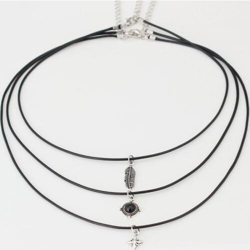 New Jewelry Retro Leaves Crystal Star Leather Neck Chain Short Necklace Clavicle Chain Jewelry Necklace Women