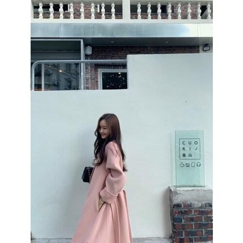 Sakura pink girl age reduction double-sided cashmere coat woolen coat solid color mid-length 21-year new