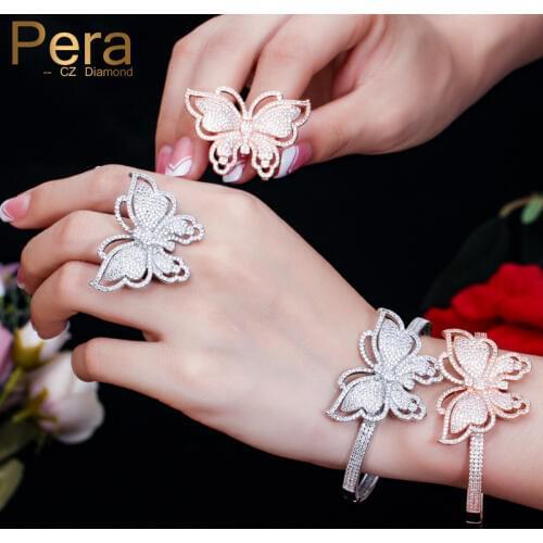 Pera Trendy Micro Pave Cubic Zirconia Big Betterfly Shape Bangle And Ring Sets For Bridal Wedding Party Jewelry Accessories Z005