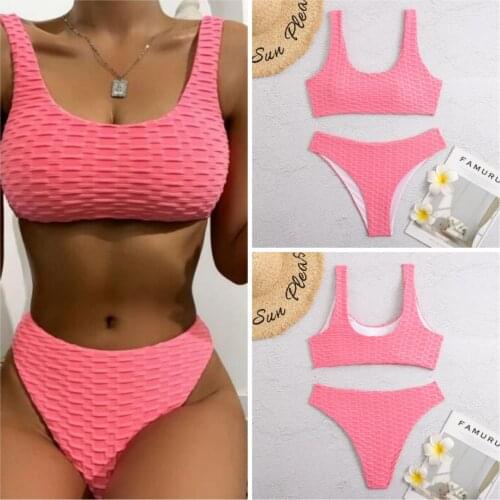 Pink Sexy Bandage Bikini 2021 Swimsuit Swimwear Women Thong Push Up Bikinis Set Womens swimming Suit Biquini Solid Bathing Suit