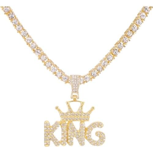 Stylish And Exquisite Letter Crown Pendant Necklace Hip Hop Gold Charm Rhinestone Necklace 60CM Long Chain Tennis Chain