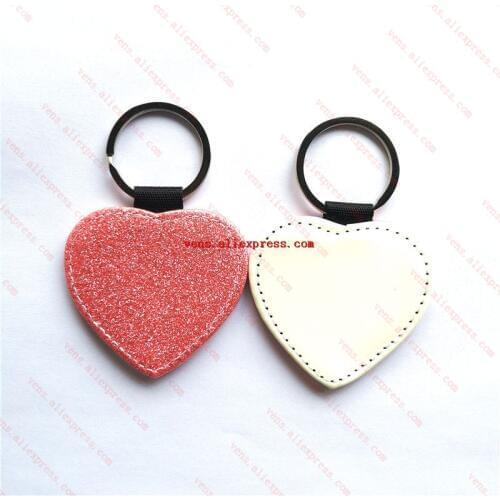 Sublimation blank glitter leather keychains pink heart bright powder key ring hot transfer printing consumables 30pieces/lot