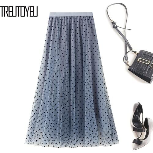 Treutoyeu Vintage Black Polka Dots Flocked Tulle Long Skirt Winter Autumn Elastic High Waist A Line Soft Mesh Skirts Womens 2020