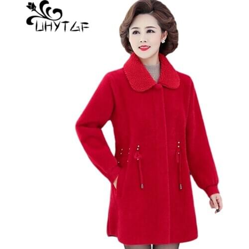 UHYTGF Quality Mink Fleece Autumn Winter Woolen Coat Luxury Cashmere Beaded Elegant Womens Jacket Mom 6XL Plus Size Outwear 1362