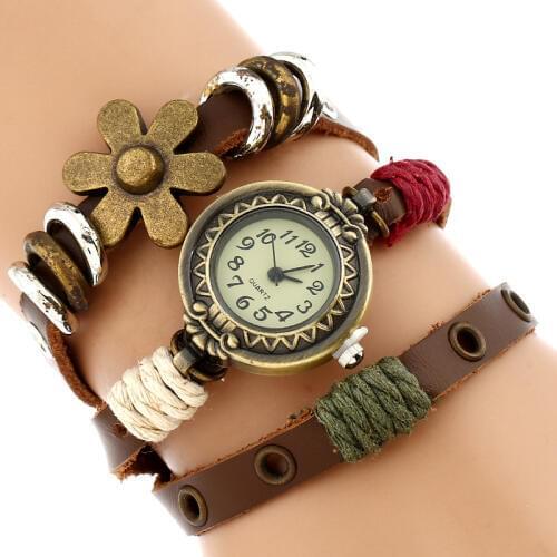 Gnova Platinum Genuine Leather Vintage Old looking Fashion Bronze Flower Women Quartz Watch Wristwatch Feminino clock para Femme