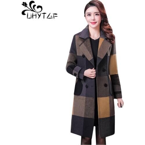 UHYTGF Coat Women Quality Cashmere Autumn Winter Woolen Jacket Fashion Plaid Double-Breasted Elegant Warm Plus Size Clothes 1852