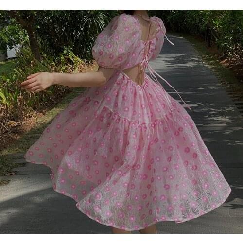 Women Summer Korean Style Beach Sweet Cute Dress New Pink Floral Square Collar Holiday Vestidos