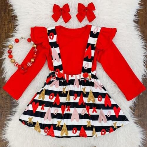 Toddler Girls Winter Outfits Clothes Valentine Red Fly Sleeve Tops Suspender Skirts Newborn Girl Clothes Set Valentines Outfits