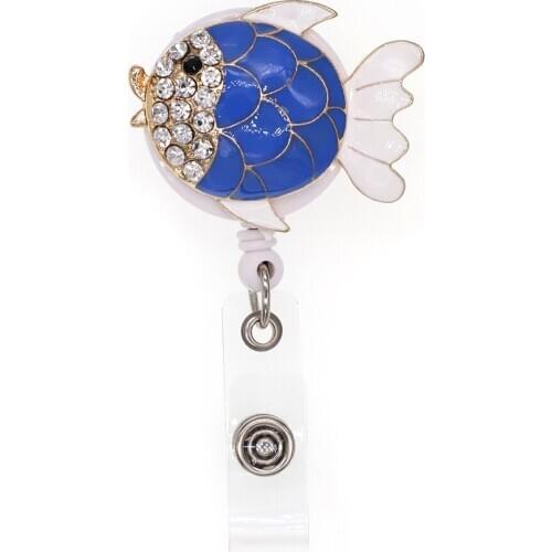 10pcs/lot New Animals Styles Blue Enamel Rhinestone Fish Badge Holder Retractable Nursing Badge Reel