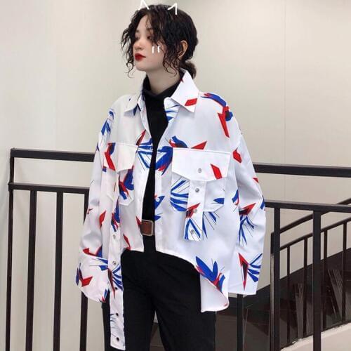2020 Harajuku Irregular Women Shirt Casual Pattern Print Cloth White Blouses Patchwork Korean Clothing Vintage Streetwear ZX003
