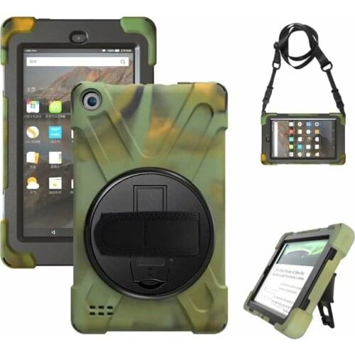 3 Layers Protection Silicone Case For Amazon Kindle Fire 7 2017 2019 360 Rotation Heavy Duty Full Body Tablet Cover Strap Case