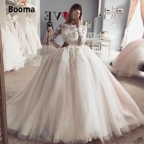 Booma Ball Gown Wedding Dresses Tulle Elegant Lace Appliques Muslim Bridal Gown Plus Size Long Sleeve Wedding Gown Back Zipper