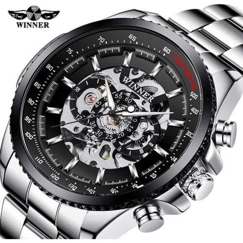 Fashion Winner Top Brand Men Skeleton Mechanical Full Stainless Steel Automatic Sport Business Wrist Watch Relogio Masculino