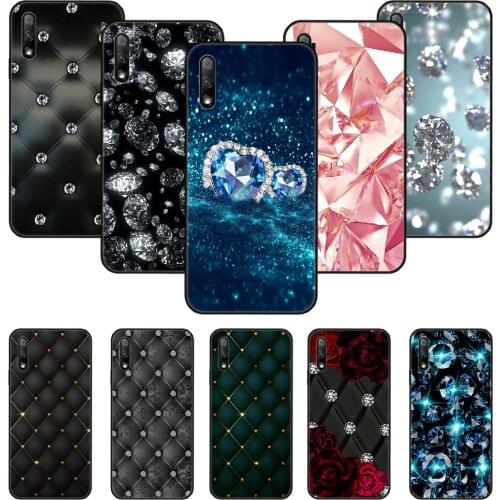 Phone Case For Huawei Honor 9X 10 9 20 8X 8A 8S 7X 7A i A Pro Play Lite Black Cover Hoesjes Tpu Back Art Luxury Diamond Pattern