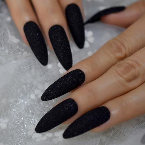 Black Glitter Shimmer False Nails Extra Long Pointed Ladies Faux Ongles Party Beautiful Decorated 24