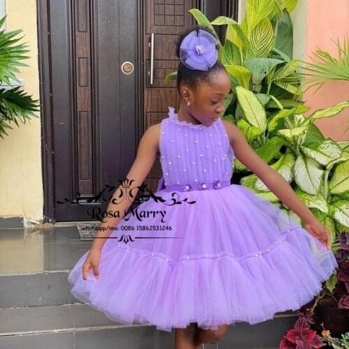 Lovely Purple Pageant Flower Girls Dresses Ball Gown Halter Pearls Tea Length First Communion Holy Birthday Party Gowns for Kids
