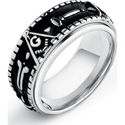 EdgLifU Mens Spinner Ring Gold Black Freemason Rings Stainless Steel Fashion Masonic Rotate Band Ring For Men Jewelry