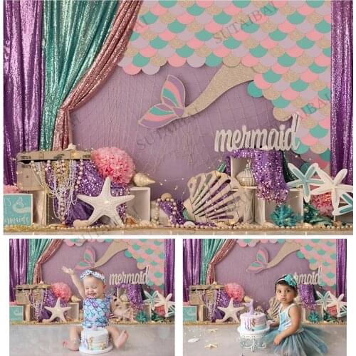 Purple Mermaid Birthday Party Baby Cake Smash Background Photography Under The Sea Princess Girls Portrait Backdrop Decorations