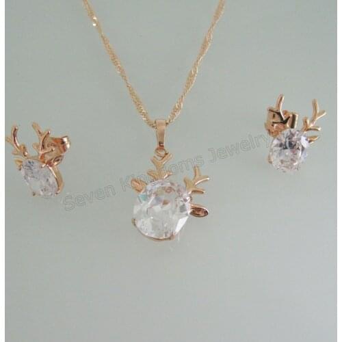 FOROMANCE - YELLOW GOLD GP COLOR CLEAR ZIRCON STONE DEER HEAD FACE EARRING PENDANT NECKLACE SET/COLOR IS A LITTLE RED