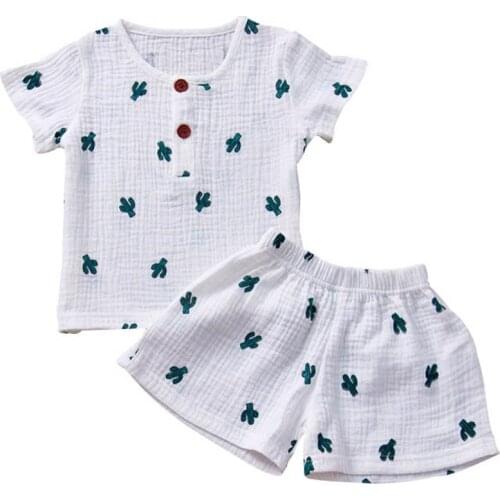 Kids Linen Cotton Clothes Baby Girls T-Shirt Sets Summer Boys Pants Shorts Cactus Print Comfortable Breathable Outfit Toddler