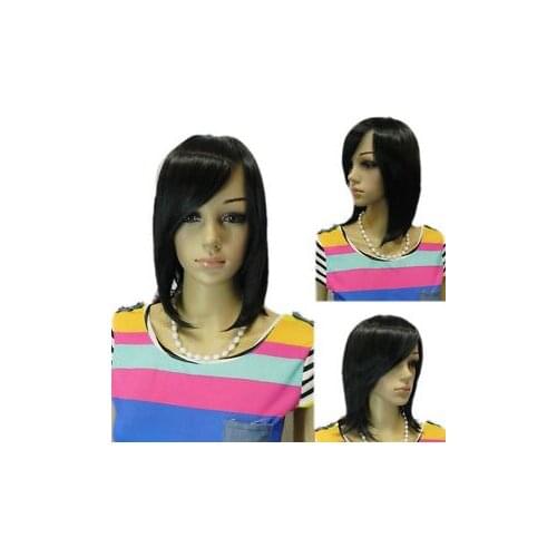 Hot heat resistant AA Party hair>>>Black Medium Natural Looking Fibre Hair Cosplay Costume Synthetic Anime Wig