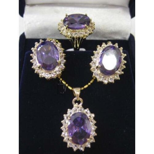 Faceted Russican Purple crystal pendant necklace earrings ring set