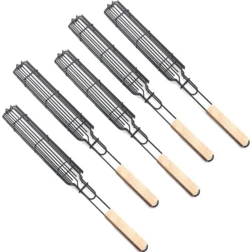 5 PCS Kabob Grilling Basket Reusable Durable Anti-Corrosion Wooden Handle Barbecue Tool Grill Basket Grill Net