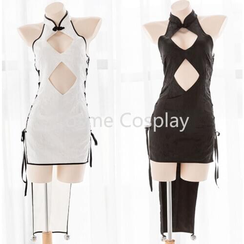 Cos Anime Cosplay Costume Cutout Open-Chest Cheongsam High Slit Strap Retro Ultra-Short Sexy Dress Long Skirt Bell Qipao Ribbons