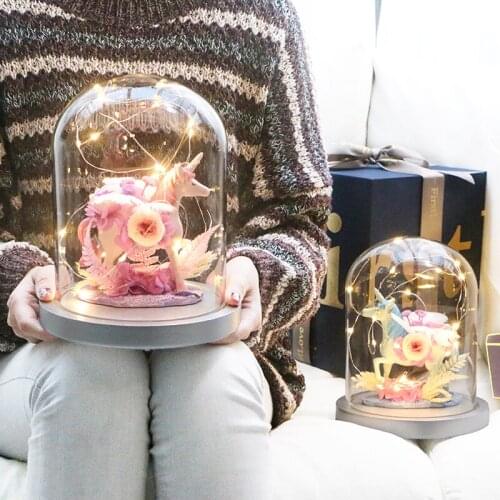 Beautiful Eternelle LED Light Beauty Beast Unicorn In Glass Dome For Mothers Birthday Valentines Day Eternal Rose Gift