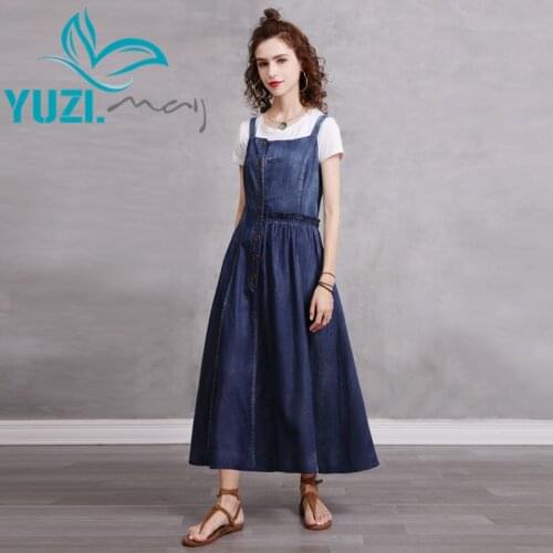 Summer Wiomens Dress 2021 Yuzi.may Boho New Denim Woman Dresses Single Breasted Pleated Suspender Vestidos A82316 Vestido