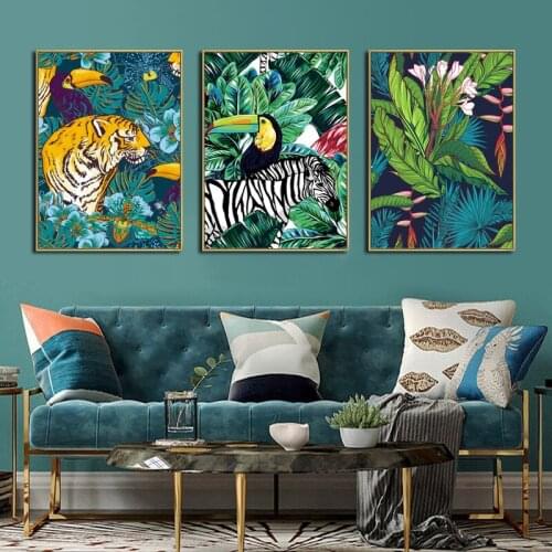 Toucan Flamingo Tiger Forest Animal Wall Art Canvas Painting Nordic Poster And Prints Living Room Picture Wall Home Decoration