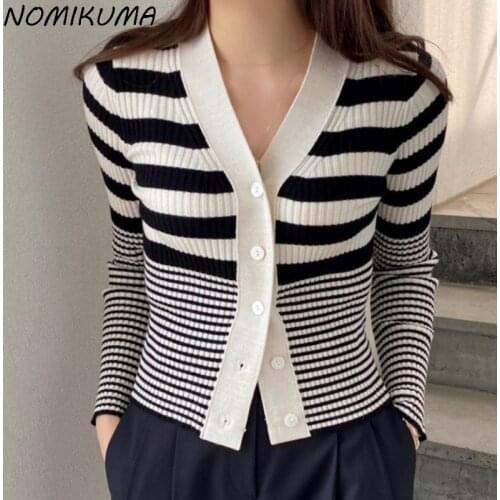 Nomikuma Autumn New Hit Color Striped Knitted Cardigan Elegant Slim V-neck Sweater Coat 2021 Fashion Long Sleeve Knitwear 6Z019