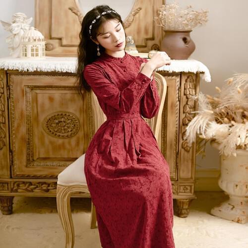 2019 new fashion womens clothing Vintage red autumn long sleeve dress women dress