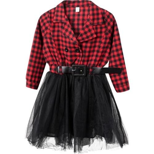 Autumn Winter Kids Dresses For Girls Long Sleeve Plaid Patchwork Mesh Tutu Dress Girls Party Princess Dress Children Clothing